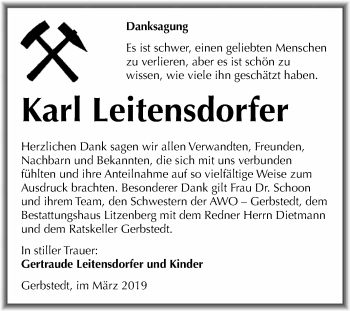 Traueranzeige von Karl Leitensdorfer von Wochenspiegel Mansfelder Land