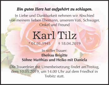 Traueranzeige von Karl Tilz von Super Sonntag Bernburg