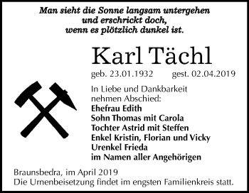 Traueranzeige von Karl Tächl von Mitteldeutsche Zeitung Merseburg/Querfurt