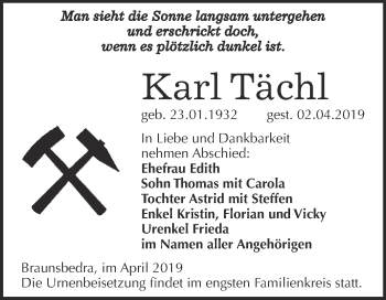 Traueranzeige von Karl Tächl von WVG - Wochenspiegel Merseburg