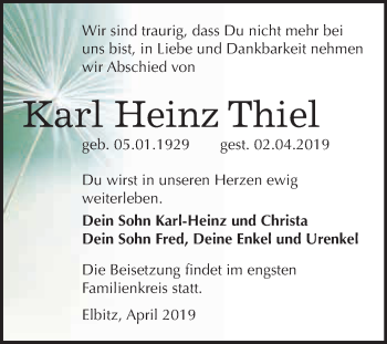 Traueranzeige von Karl Heinz Thiel von Wochenspiegel Mansfelder Land