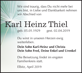 Traueranzeige von Karl Heinz Thiel von Mitteldeutsche Zeitung Mansfelder Land