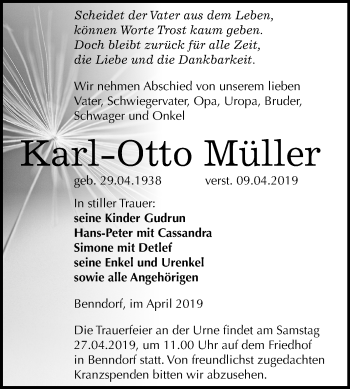 Traueranzeige von Karl Otto Müller von Mitteldeutsche Zeitung Mansfelder Land