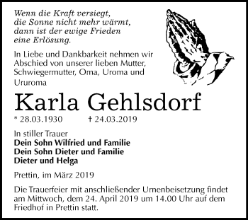 Traueranzeige von Karla Gehlsdorf von Mitteldeutsche Zeitung Wittenberg