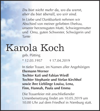 Traueranzeige von Karola Koch von Super Sonntag Bernburg
