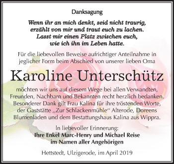 Traueranzeige von Karoline Unterschütz von Mitteldeutsche Zeitung Mansfelder Land