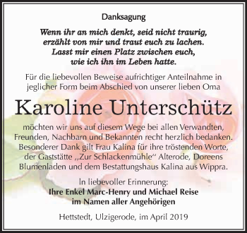Traueranzeige von Karoline Unterschütz von Super Sonntag SGH Mansf. Land
