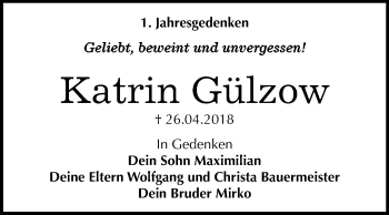Traueranzeige von Katrin Gülzow von WVG - Wochenspiegel Dessau / Köthen