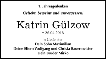 Traueranzeige von Katrin Gülzow von Mitteldeutsche Zeitung Dessau-Roßlau