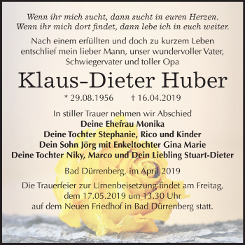 Traueranzeige von Klaus-Dieter Huber von Mitteldeutsche Zeitung