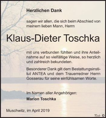 Traueranzeige von Klaus-Dieter Toschka von Mitteldeutsche Zeitung Weißenfels