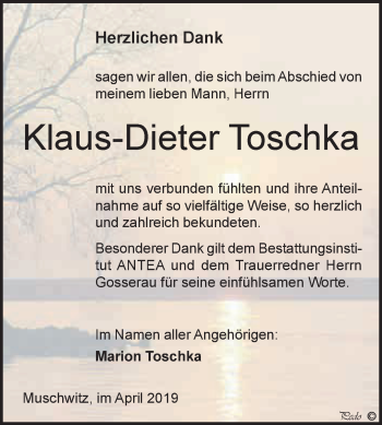 Traueranzeige von Klaus-Dieter Toschka von WVG - Wochenspiegel NMB / WSF / ZTZ