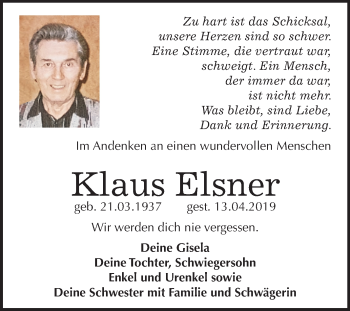 Traueranzeige von Klaus Elsner von Mitteldeutsche Zeitung Dessau-Roßlau