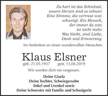 Traueranzeige von Klaus Elsner von WVG - Wochenspiegel Dessau / Köthen