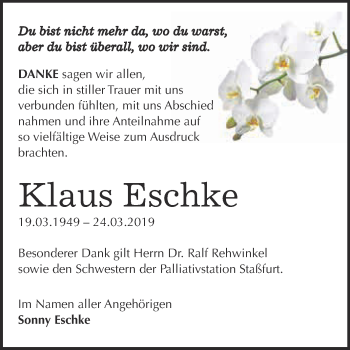 Traueranzeige von Klaus Eschke von Super Sonntag Bernburg