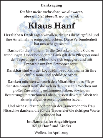 Traueranzeige von Klaus Hanf von Mitteldeutsche Zeitung Bitterfeld