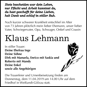 Traueranzeige von Klaus Lehmann von Mitteldeutsche Zeitung Köthen