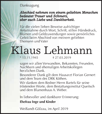 Traueranzeige von Klaus Lehmann von WVG - Wochenspiegel Dessau / Köthen