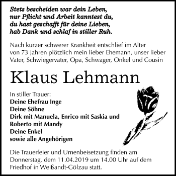 Traueranzeige von Klaus Lehmann von WVG - Wochenspiegel Dessau / Köthen