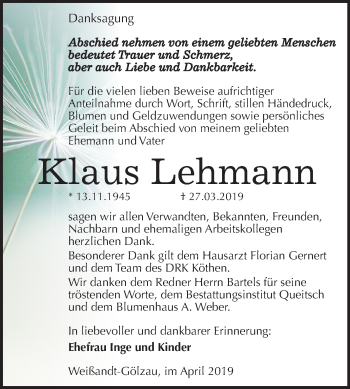 Traueranzeige von Klaus Lehmann von Mitteldeutsche Zeitung