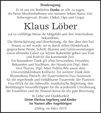 Traueranzeige von Klaus Löber von WVG - Wochenspiegel Bitterfeld