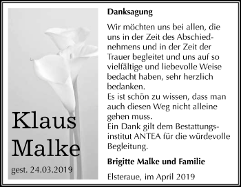 Traueranzeige von Klaus Malke von WVG - Wochenspiegel NMB / WSF / ZTZ