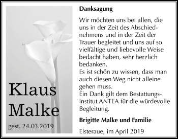 Traueranzeige von Klaus Malke von Mitteldeutsche Zeitung Zeitz