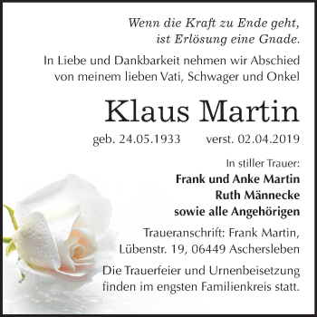 Traueranzeige von Klaus Martin von Mitteldeutsche Zeitung Aschersleben