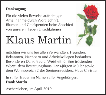 Traueranzeige von Klaus Martin von Super Sonntag Aschersleben