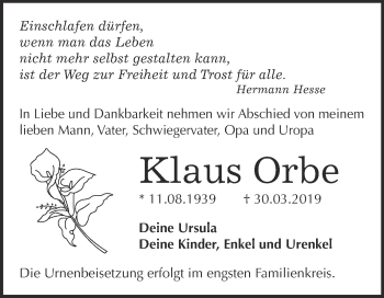 Traueranzeige von Klaus Orbe von WVG - Wochenspiegel Bitterfeld