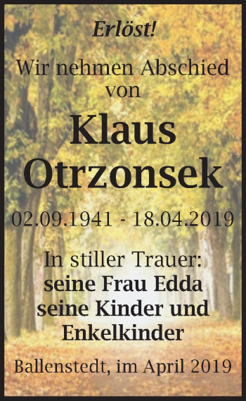 Traueranzeige von Klaus Otrzonsek von Mitteldeutsche Zeitung