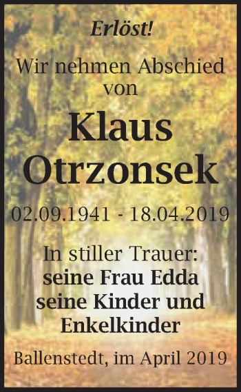 Traueranzeige von Klaus Otrzonsek von Super Sonntag Aschersleben