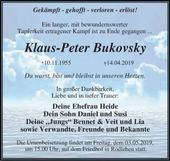 Traueranzeige von Klaus-Peter Bukovsky von WVG - Wochenspiegel Dessau / Köthen