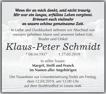 Traueranzeige von Klaus-Peter Schmidt von WVG - Wochenspiegel Merseburg