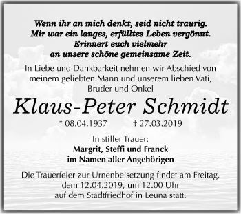 Traueranzeige von Klaus-Peter Schmidt von Mitteldeutsche Zeitung Merseburg/Querfurt