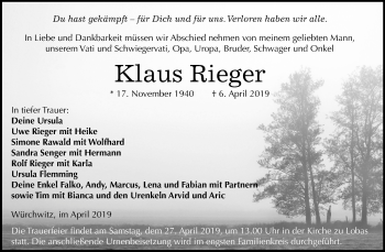 Traueranzeige von Klaus Rieger von Mitteldeutsche Zeitung Zeitz