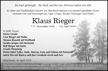 Traueranzeige von Klaus Rieger von WVG - Wochenspiegel NMB / WSF / ZTZ