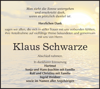 Traueranzeige von Klaus Schwarze von Mitteldeutsche Zeitung Weißenfels