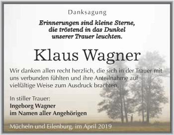 Traueranzeige von Klaus Wagner von WVG - Wochenspiegel Merseburg
