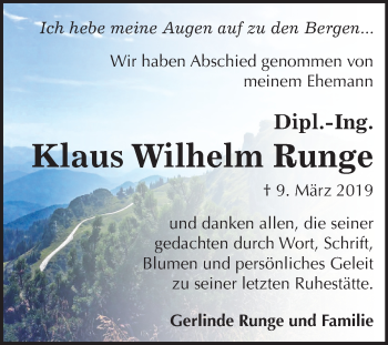 Traueranzeige von Klaus Wilhelm Runge von Mitteldeutsche Zeitung Halle/Saalkreis