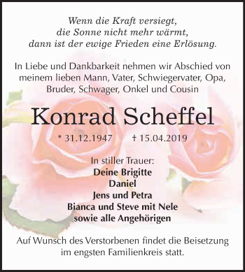 Traueranzeige von Konrad Scheffel von Super Sonntag SGH Mansf. Land