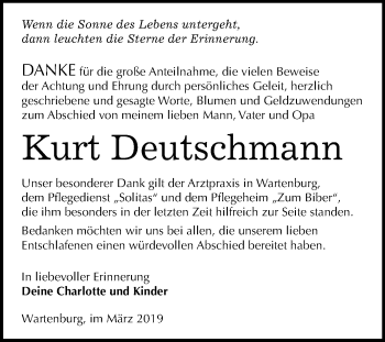 Traueranzeige von Kurt Deutschmann von Mitteldeutsche Zeitung Wittenberg