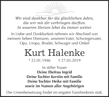 Traueranzeige von Kurt Halenke von WVG - Wochenspiegel Wittenberg
