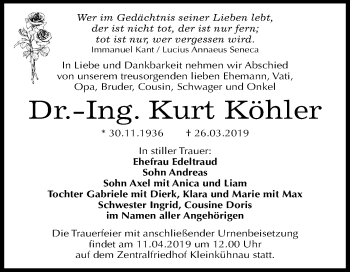 Traueranzeige von Kurt Köhler von Mitteldeutsche Zeitung Dessau-Roßlau