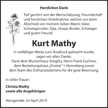 Traueranzeige von Kurt Mathy von Super Sonntag Quedlinburg