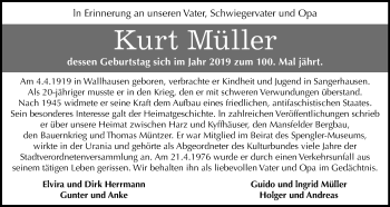 Traueranzeige von Kurt Müller von Mitteldeutsche Zeitung Sangerhausen