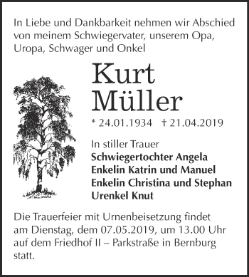 Traueranzeige von Kurt Müller von Super Sonntag Bernburg