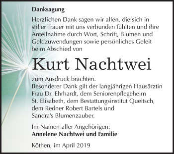 Traueranzeige von Kurt Nachtwei von Mitteldeutsche Zeitung