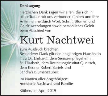 Traueranzeige von Kurt Nachtwei von WVG - Wochenspiegel Dessau / Köthen