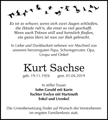 Traueranzeige von Kurt Sachse von Mitteldeutsche Zeitung Halle/Saalkreis